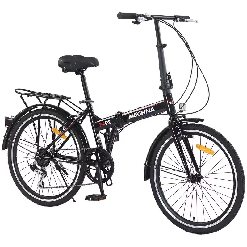 Okak 24IN Folding Bike with 7 Speed and Steel Frame, Cruiser Bikes with Rear Shelf and Mudguard, Adult Bike for Traval and Commuting