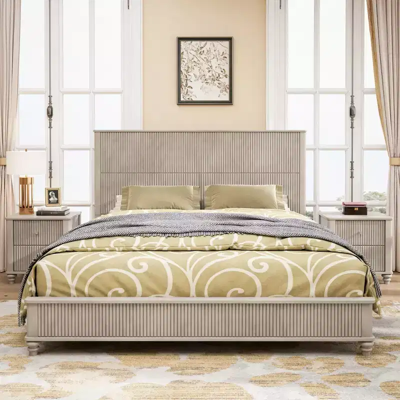 3-Piece Bedroom Set, Queen/King Size Bed Frame & 2 Fluted Nightstands with Storage Drawers - ModernLuxe