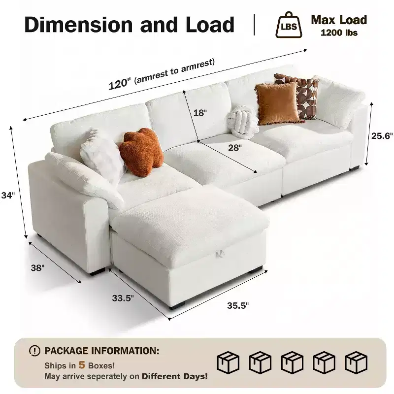 Oversized Cloud Modular Sectional Sofa, Down-Filled Deep Seat, Solid Wood Frame, Tool-Free Assembly