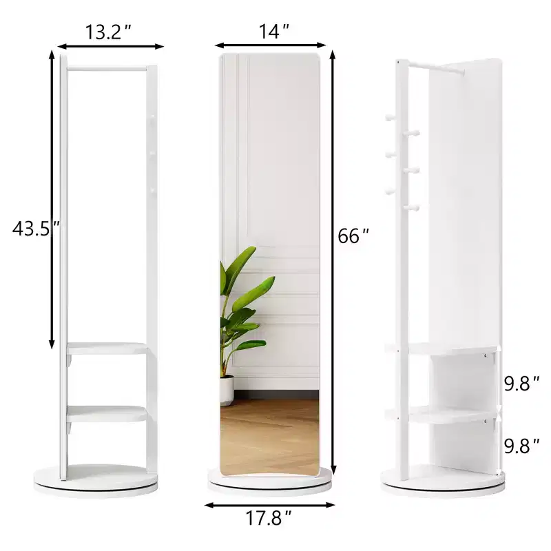 360 Rotating 66x14 Multifunctional Full Length Mirror with Hook Storage Rack Coat Rack with Mirror Solid Wood Floor Mirror Bedroom Living Room