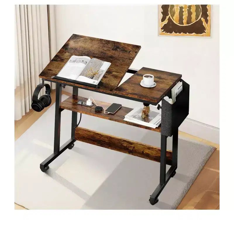 Height Adjustable Rolling Desk with Charging Station and Storage Shelf