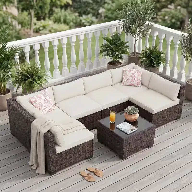 7 Piece Outdoor Patio Furniture Set, PE Rattan Wicker Sectional Sofa Set with Thick Cushions & Coffee Table, Modular Conversation Set for Garden