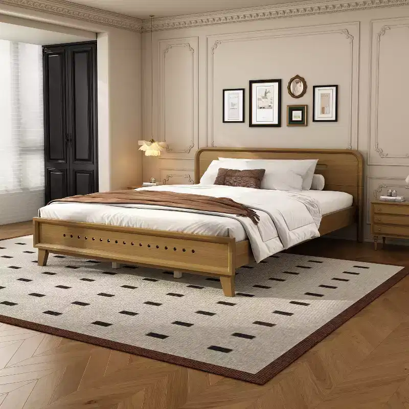 King/Queen Size Bed Frame, Solid Pine Wood Platform Bed Frame, No Box Spring Needed, Rustic Yellow