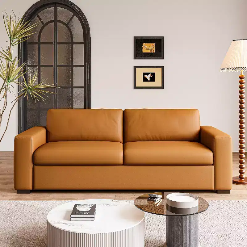 82.7'' Orange Leather Loveseat Sofa with Square Arm, Mid-Century Modern