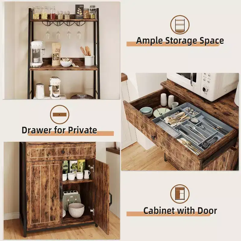Bakers Rack with Drawer 70.8 Standing Baker Racks with Cabinet Microwave Stand Tall Bar Cabinet Industrial Kitchen Stand with Drawer