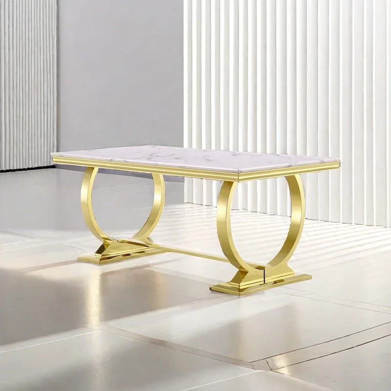 White & Brushed Gold Glass-Top Dining Table, Seats 6–8