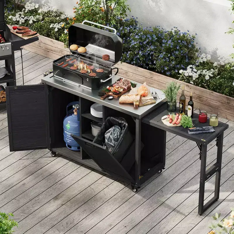 Outdoor Kitchen Island with Foldable Side Table,Outdoor Grill Cart with Stainless Steel Top,Hidden Trash Cabinet for Lawn & Garden