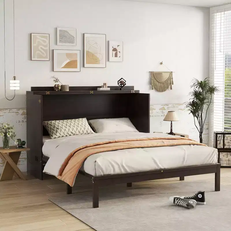 Whisen Queen Murphy Bed Cabinet with Charging Station & Rattan Decor, Space-Saving, Sturdy Pine Wood Frame(Upgraded)