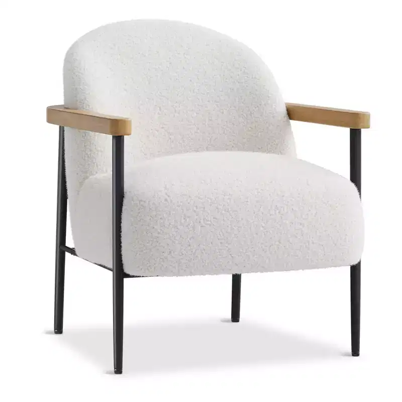 Modern Accent Chair, White Comfy Chair with Teddy Fabric, Wood Arms, Metal Frame & Adjustable Feet, Mid Century Modern Chair for Living Room