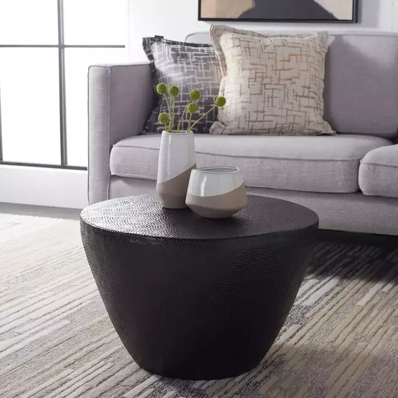 Round Moroccan-Style Aluminum Coffee Table with Organic Texture, Black Finish
