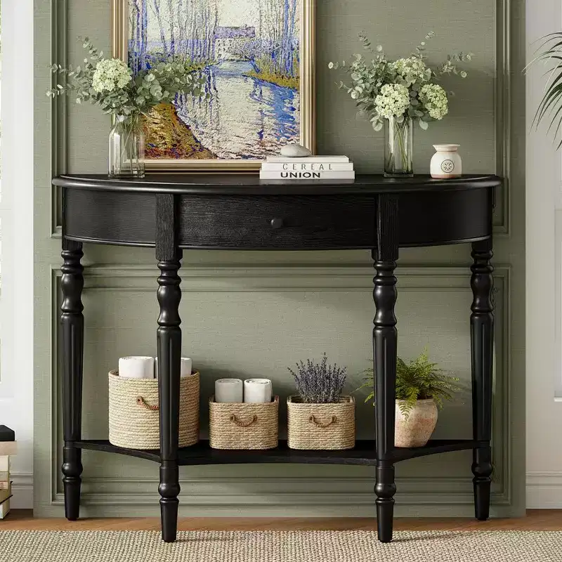 Half Moon Console Table with Drawer & Shelf