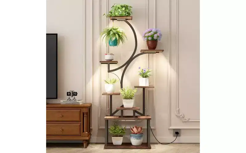 JVNOXK 62 Inch Tall Corner Plant Stand with Lights, for Indoor Plants, 8-Tier Flower Rack, S-Shaped Decorative Shelf for Living Room, Black