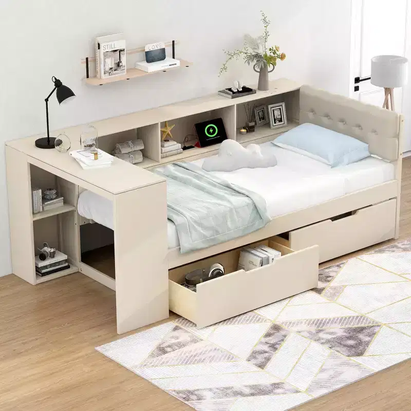 Letto a piattaforma Twin/Full Size con ripiani, cassetti, stazione di ricarica, testiera imbottita e scrivania, crema/grigio