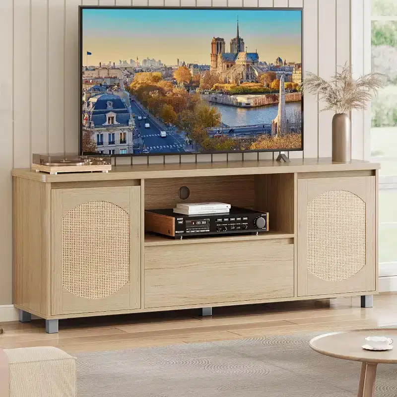63in TV Stand for TVs Up to 70, Rattan Entertainment Center with Storage Drawer and Open Shelves, Modern TV Console Media Cabinet for Living Room