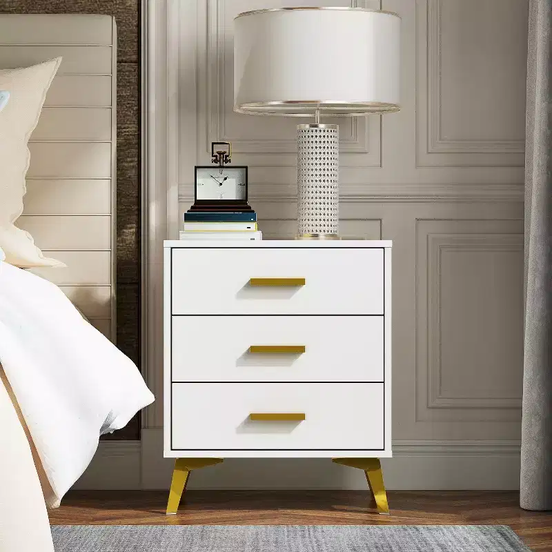 White Nightstand with 3 Drawers and Golden Accents