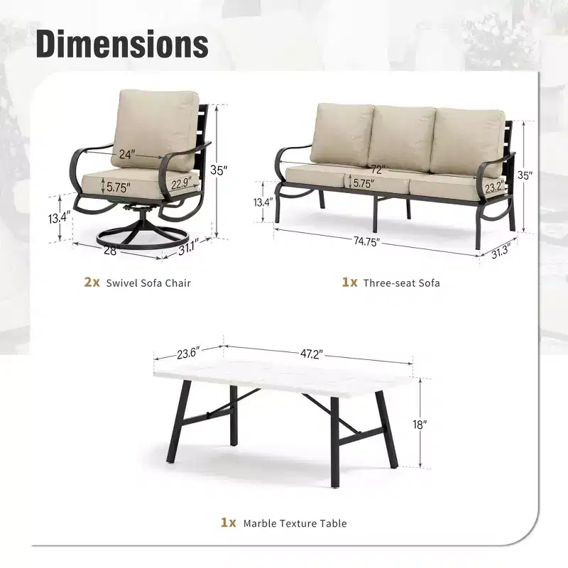 Captiva Designs 4 PCS Metal Patio Furniture Conversation Set with Swivel Armchairs for Garden Porch Backyard
