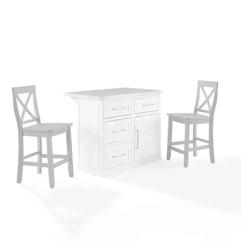 Crosley 42" Cutler Faux Marble Top Kitchen Island with X-Back Stools White/Gray: Beaded Molding, Storage Cabinet, Wood Veneer