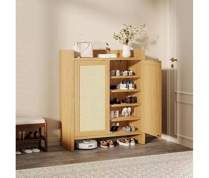 Rattan Shoe Storage Cabinet with Ventilated Doors & Adjustable Shelves