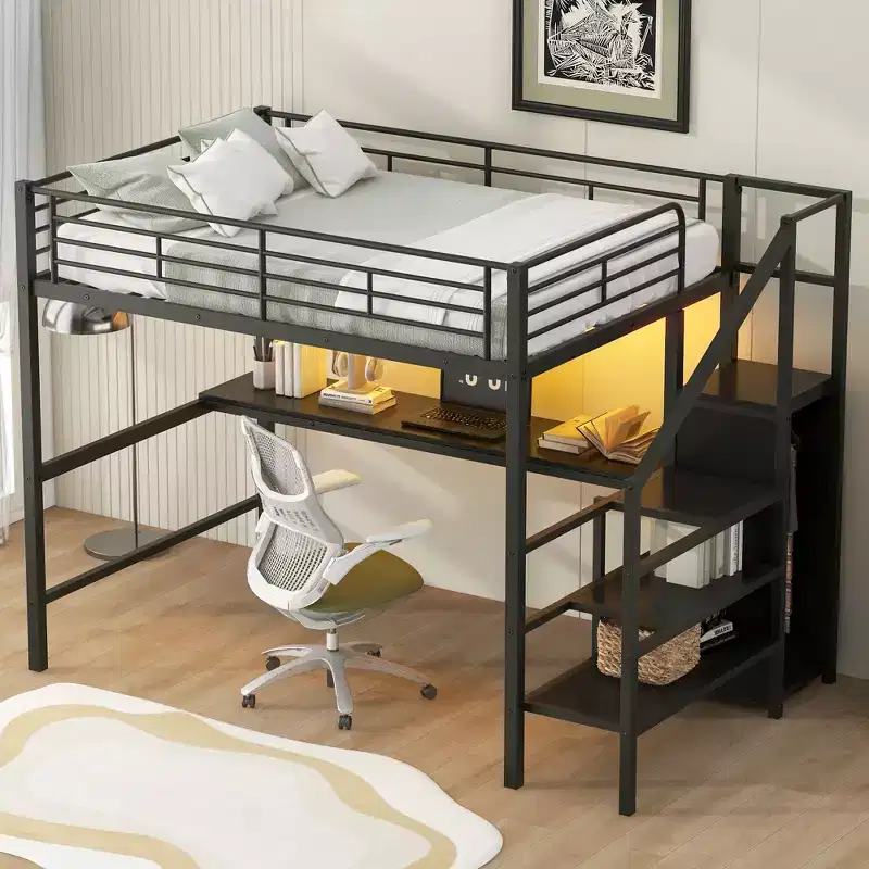 Full Size Metal Loft Bed with Desk, Storage Staircase & Built-in Wardrobe