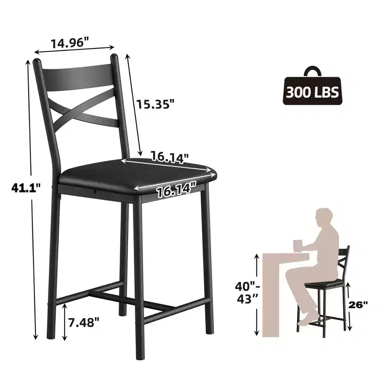 Bar Stools Set of 4, PU Upholstered Bar Chairs, Kitchen Island Chairs with X-Shaped Backrest and Metal Footrest, Black Counter Height Chairs