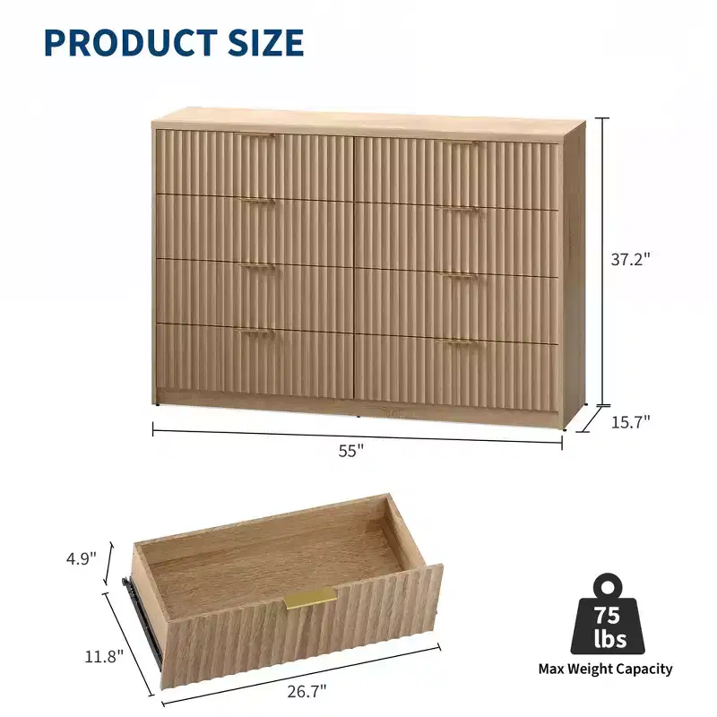 Fluted 8-Drawer Bedroom Dresser with Metal Handles – 55.12