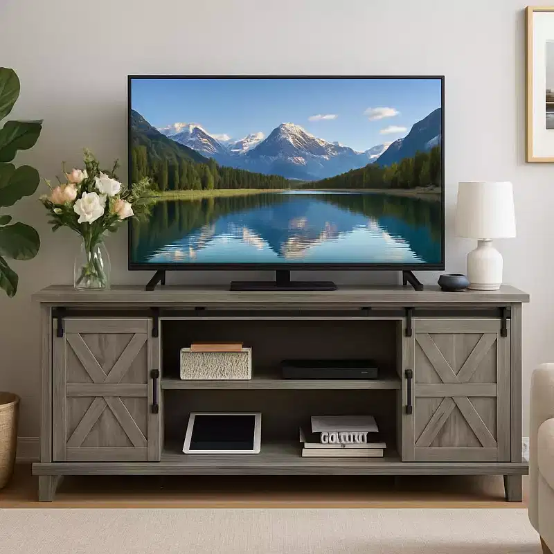 Modern Farmhouse TV Stand, Entertainment Center - Sliding Barn Doors - Storage Cabinets & Media Console Table for Living Room