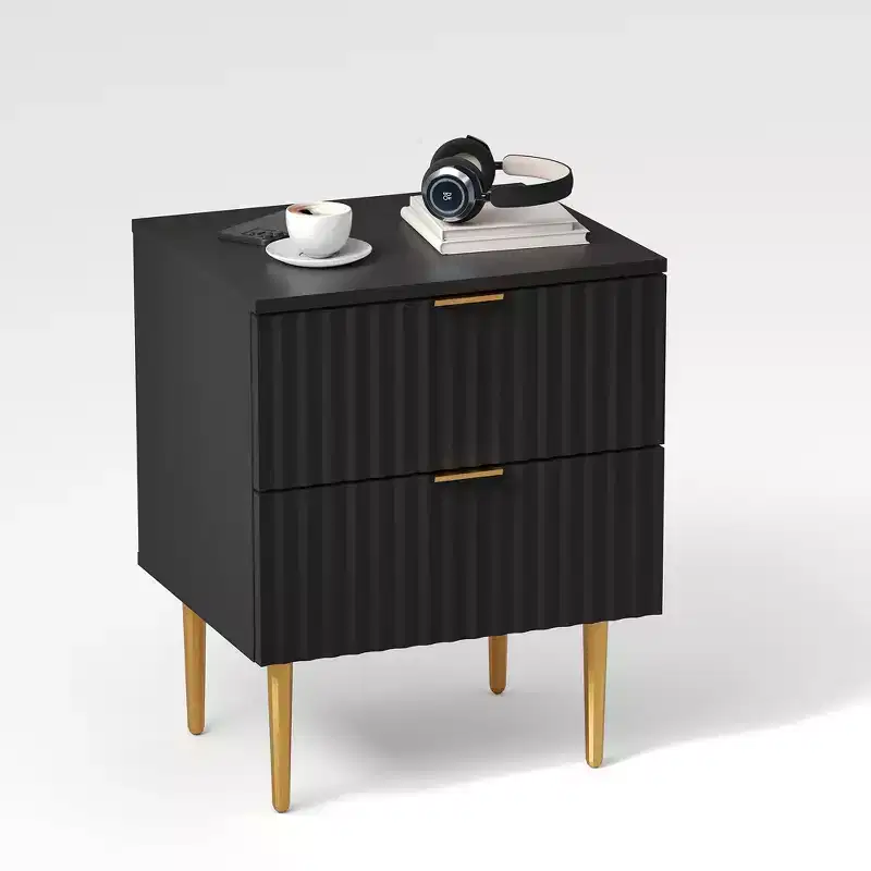 Modern Nightstand with 2 Drawers, Golden and Wood Fluted Night Stand, Side Table for Bedroom Apartment
