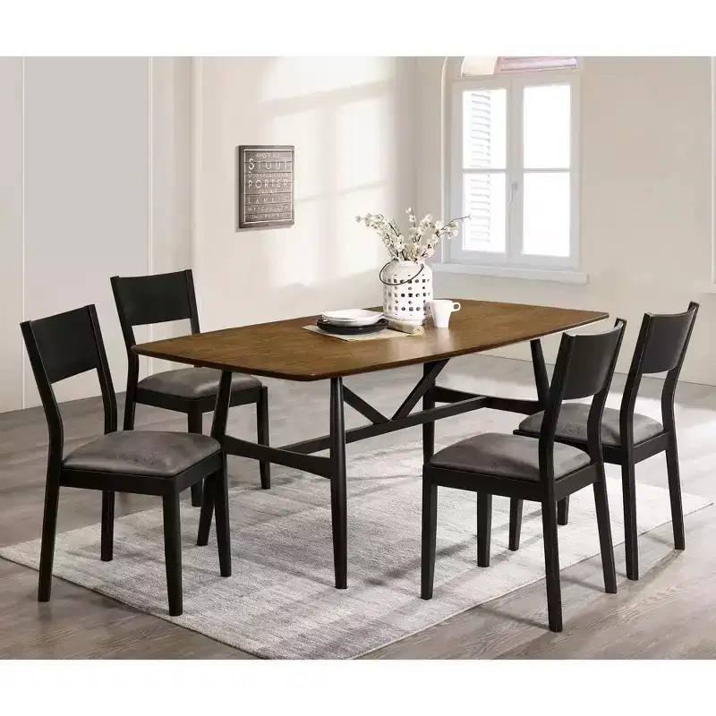 5pc Bernst Mid-Century Modern Dining Table Set Antique Oak/Black/Gray - miBasics: Rubberwood Frame, Faux Leather Seats