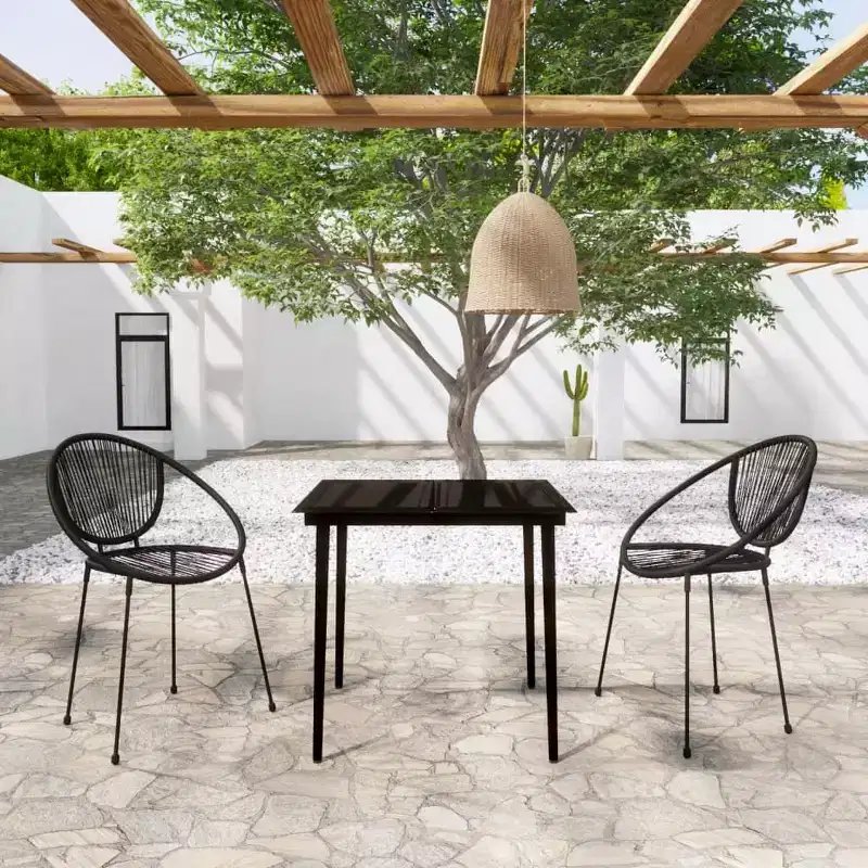 vidaXL Dining Set Black Powder-Coated Steel, Glass, PVC Rattan Stackable