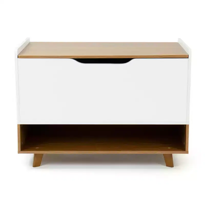 Mid-Century Kids' Toy Chest with Soft Close Lid and Storage Shelf Wood/White
