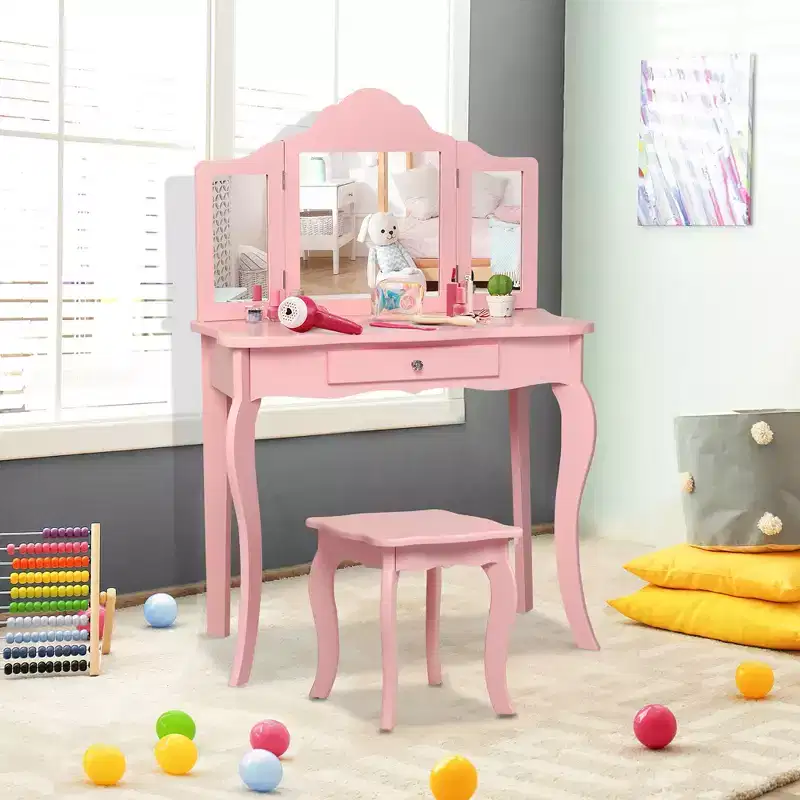Costway Kids Vanity Table & Stool Princess Dressing Make Up Play Set for Girls White/Pink