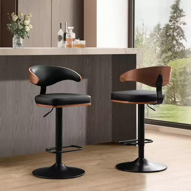 Art Leon Bentwood and Faux Leather Swivel Barstool with Adjustable Height