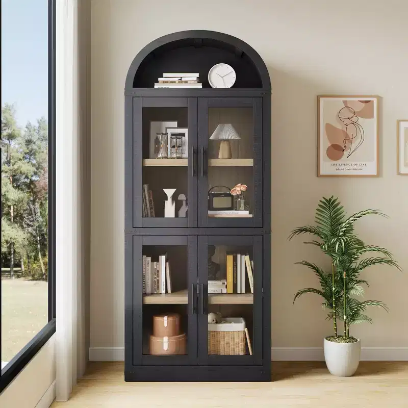 72-Inch 5-Tier Arched Bookcase with Cabinet Door