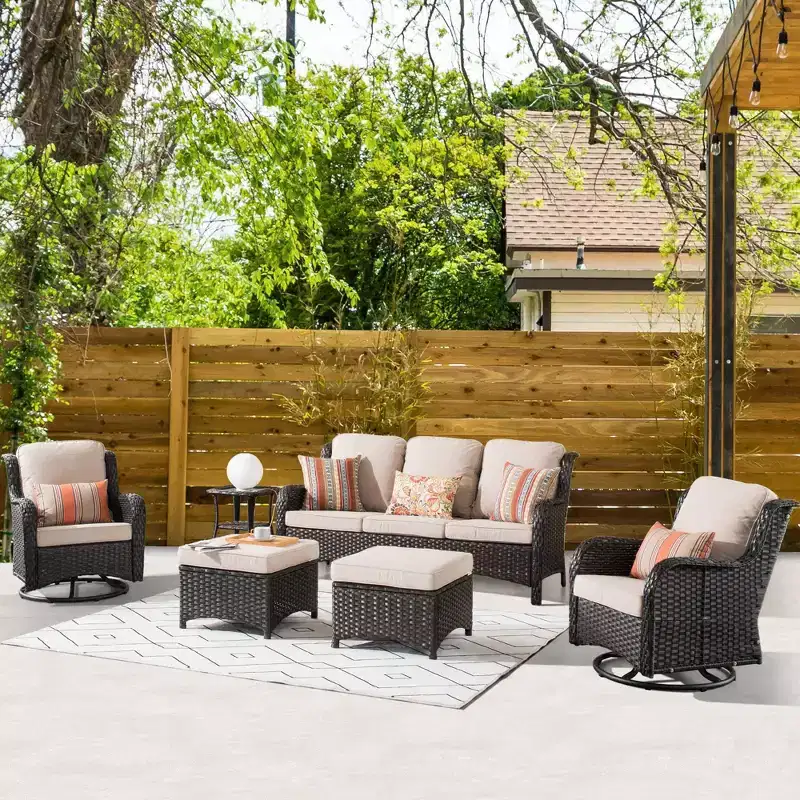 Ovios Orlando 6pc Brown Wicker Outdoor Patio Furniture Conversation Sofa Set with Swivel Chairs and Cushions
