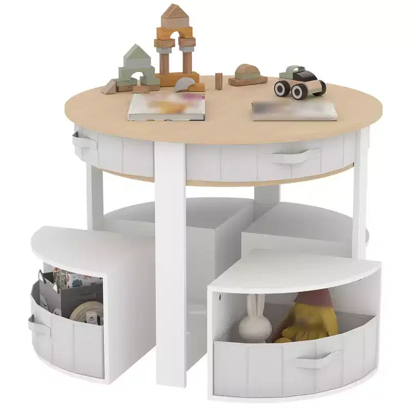 Toddler Table and Chair Set, Round Kids Activity Table With 4 Storage Stools, Space-Saving Nesting Desk for Crafts, Draw, Read, Boys Girls Aged 3+
