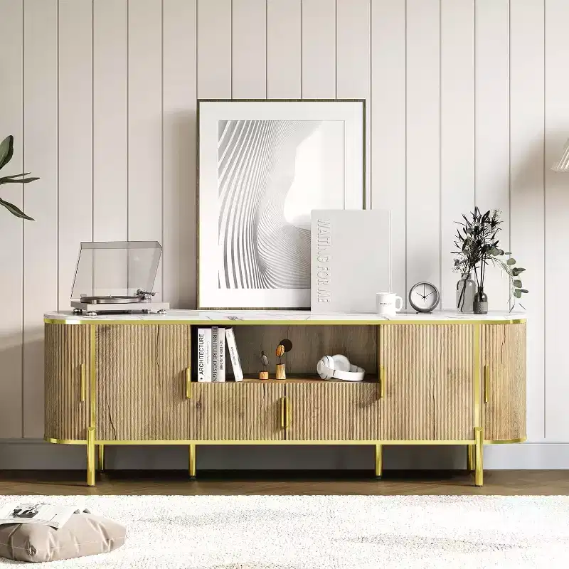Round Wave Pattern Four-Door TV Stand 70 Large Luxury Entertainment Center, Adjustable Shelves