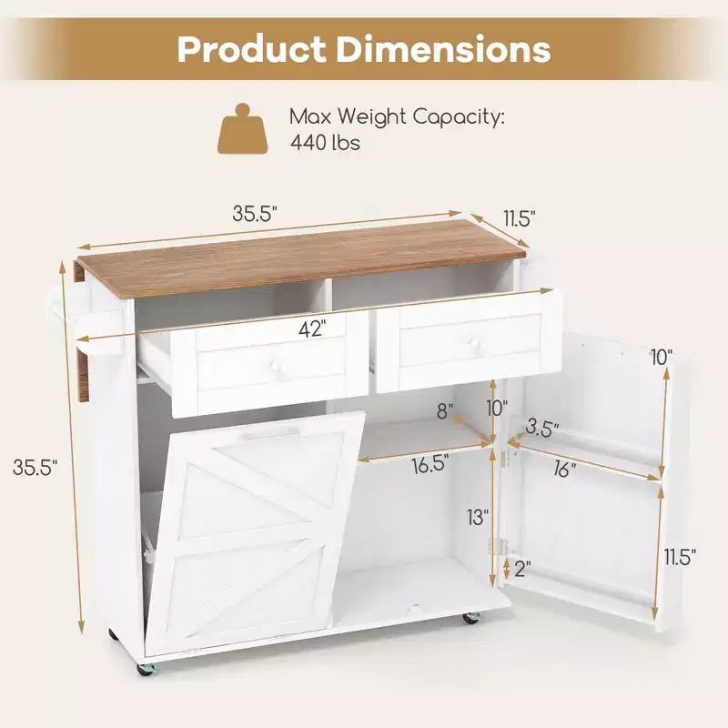 Costway Rolling Kitchen Island Kitchen Island Cart with Drop Leaf Trash Can Cabinet Black/White