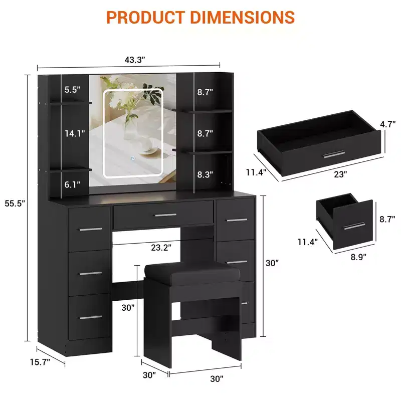 Makeup Vanity with Mirror, Vanity Desk with Power Outlet, Hairdryer Holder, Dressing Table with Drawers for Bedroom