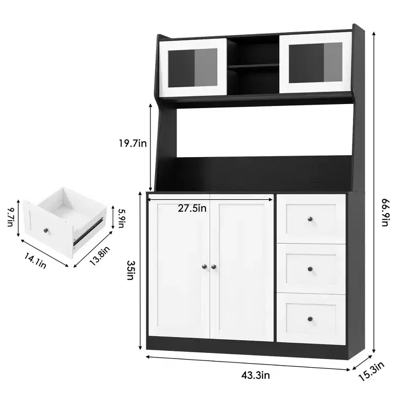 GustoWave Kitchen Pantry Cabinet, Buffet Cabinet with Countertop for Microwave Stand, Tall Sideboard Storage Hutch Cabinets with LED, 3 Drawers