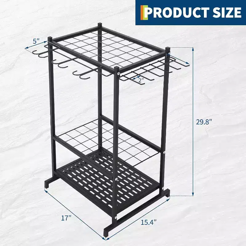 3-Tier Steel Garden Tool Organizer Rack,Freestanding Storage Shelf with Long-Handled Tool Slots & Hooks,Holds Up to 35 Tools for Garage, Rack, Yard