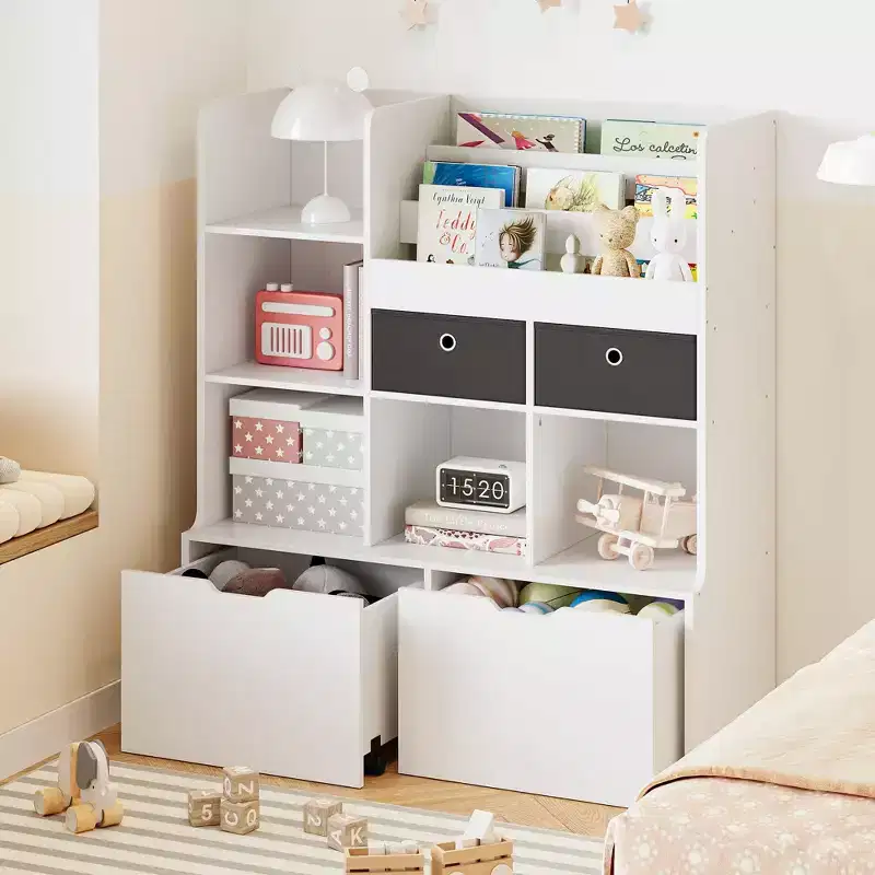 COZONY 47 Toy Storage Organizer with Drawers, Wooden Kids Bookshelf & Cubby Bookcase, Toy Chest for Playroom, Nursery, Kids Room, White