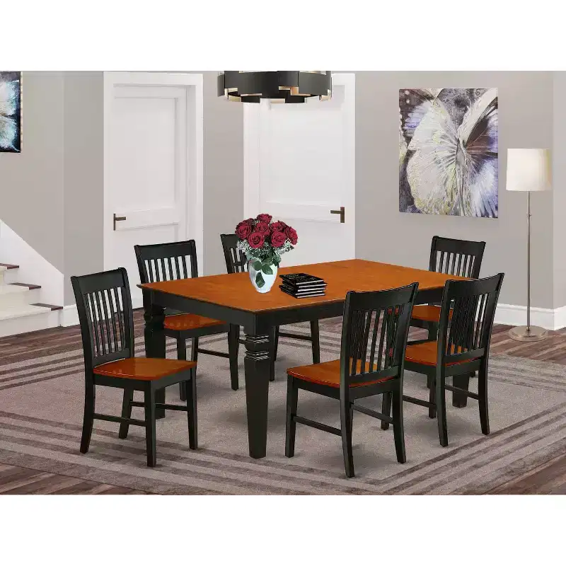 HomeStock 7-Piece Rectangle Black & Cherry Finish Solid Wood Top Dining Table with 6-Chairs