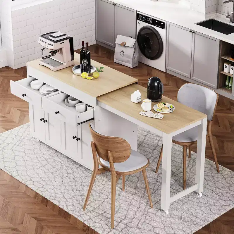 74 inch Mobile Kitchen Island with Wheels and Extendable Dining Table, Includes Spice Rack and 2 Drawers, Suitable for Kitchen, White