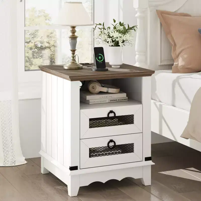 Farmhouse Nightstand , 2 Drawers and Open Storage Shelf, for Bedroom or Living Room