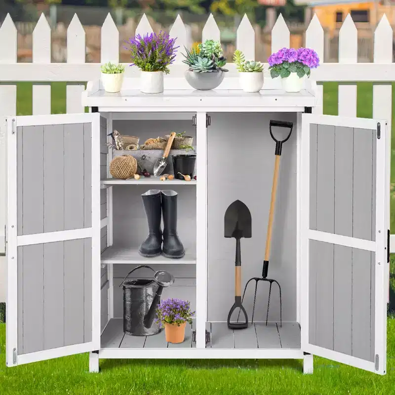 Waterproof Garden Workbench Storage Cabinet with 2 Removable Shelves, Galvanized Metal Tabletop, Indoor and Outdoor Use