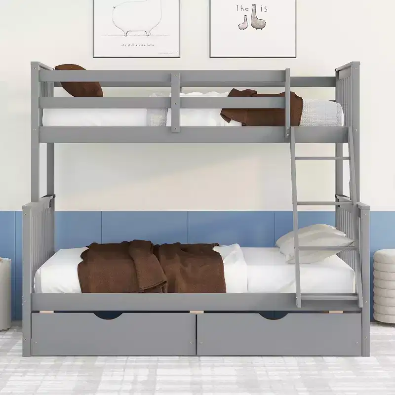 Twin over Full Bunk Bed with Built-in Ladder & Drawers, Pine Wood & MDF Bed Frame, Convertible into Two Beds