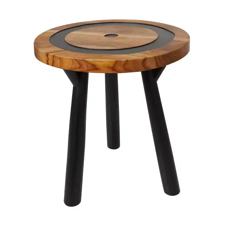 Teak Wood Geometric Layered Circle Accent Table: No Assembly, Indoor Use, Modern Style