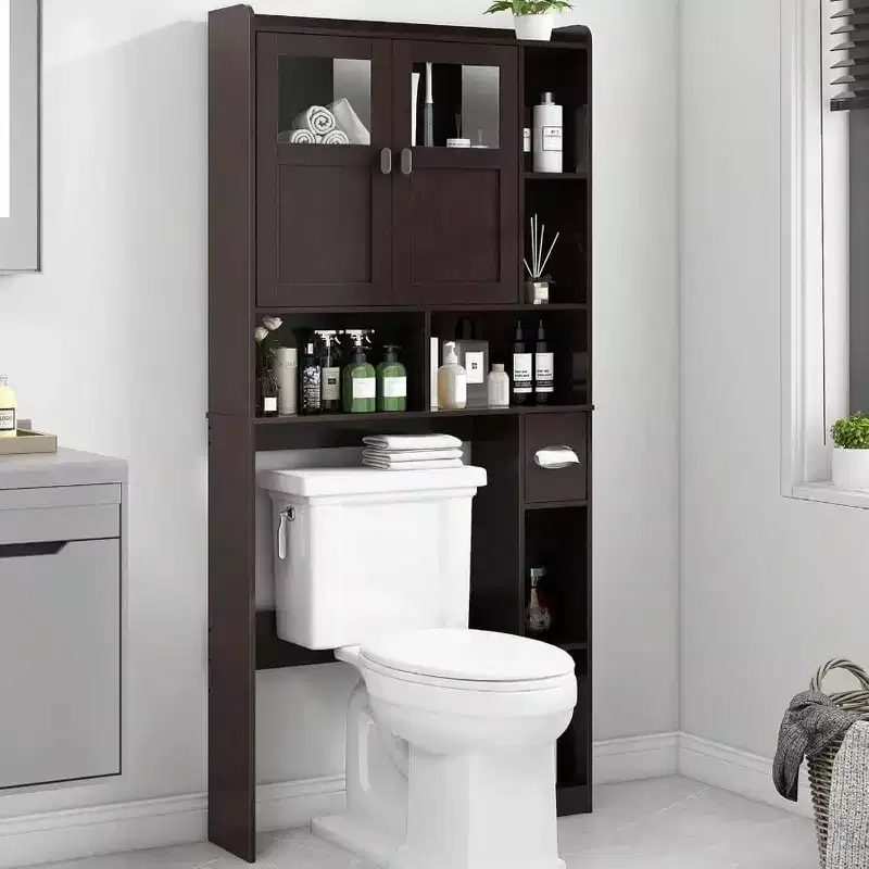 Over Toilet Storage Cabinet Bathroom Shelf with Glass Doors Adjustable Shelves Espresso Freestanding Space Save Toilet Rack