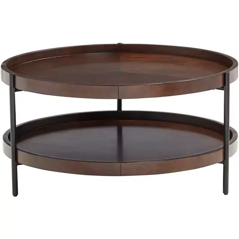 Modern Industrial Minimalist Wood Round Coffee Table 36 Wide with Lower Shelf Dark Brown for Living Room Bedroom Bedside