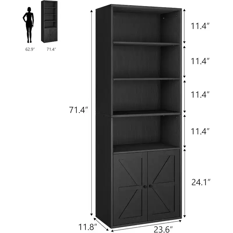 Farmhouse 71.4in Tall Bookcase with Doors 11.8in Depth Display Storage Shelves Industrial Bookcases Wooden 6 Shelf Bookshelves for Home Office
